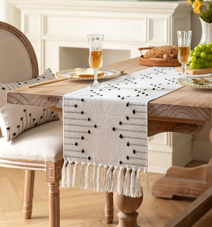 Boho Table Runner 13 x 72 Inch Long Natural Cotton Woven Runner - Image 2