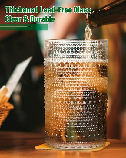 Vintage Hobnail Drinking Glasses Set of 4 – 13 oz Clear Highball Glass Cups – Embossed Textured Glassware with Anti-Slip Grip for Water, Juice, Cocktails – Thick Glass, Dishwasher Safe