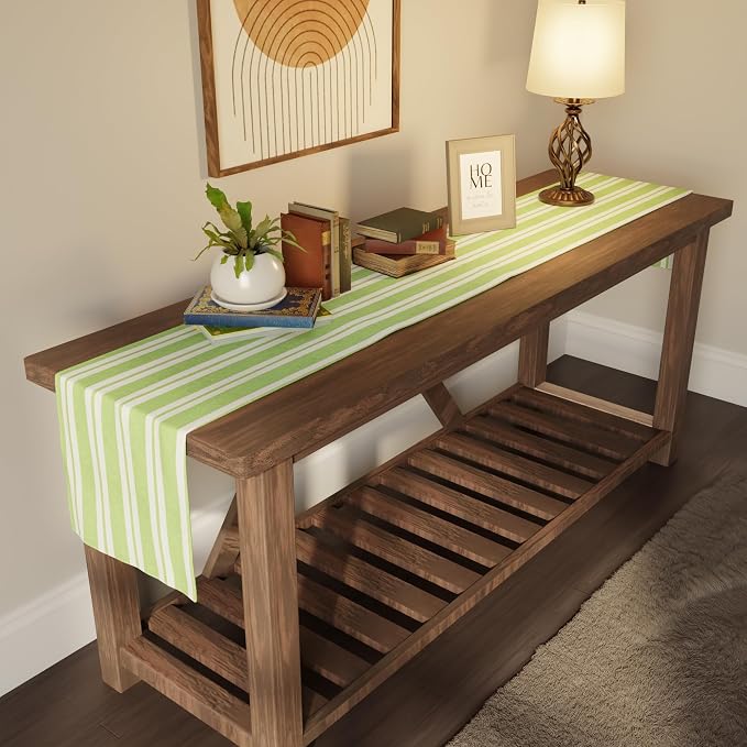 Encasa XO Table Runner, Woven Cotton Dining Runner 13"x59" Franca Lime Stripes - Image 2