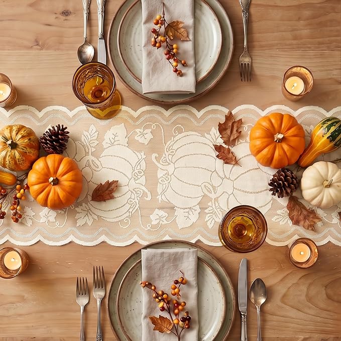 Artoid Mode Beige Lace Jacquard Pumpkin Leaf Fall Table Runner, Seasonal - Image 3