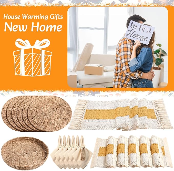 6 Sets Boho Decoration Placemats Round Woven Placemats, Cloth Napkins, Wood - Image 7