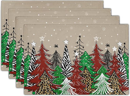 Watercolor Xmas Tree Placemats for Dining Table Set of 4, 12 x 18 Inch Winter Snowflake Heat Resistant Xmas Linen Dining Table Mats for Home Kitchen Tabletop Decoration