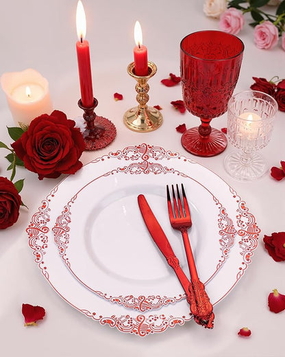 Nervure 100Pcs White Red Plastic Plates, Party Plates Set - Image 4