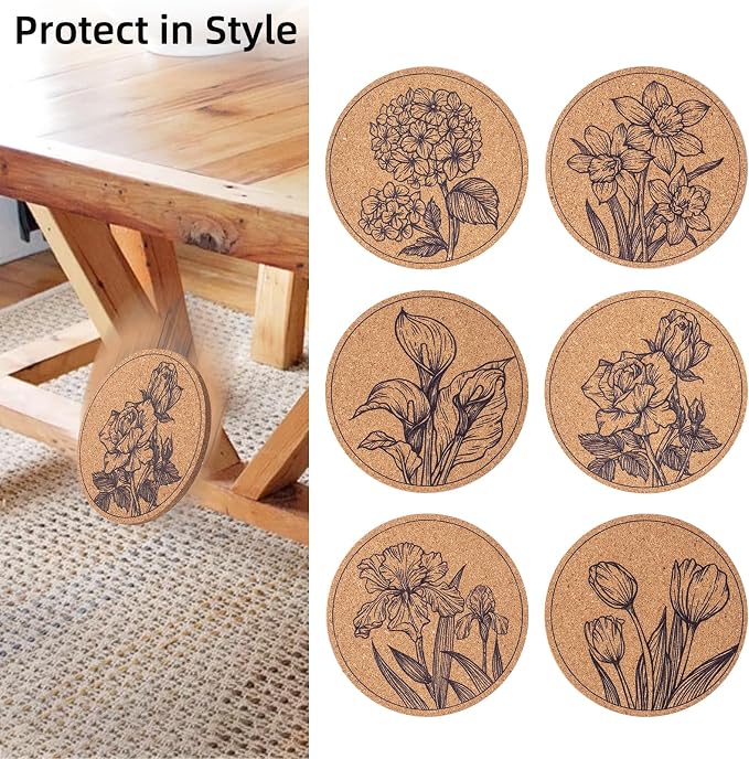 Cork Coasters for Drinks Absorbent Non Slip 12pcs 4 Inch Flower | Coaster for - Image 4