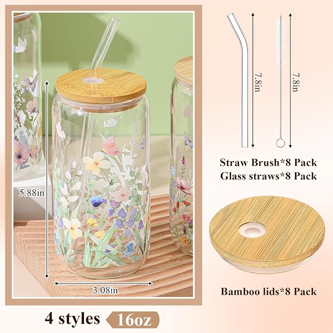 Mumufy 8 Pack Wildflower Glass Cups Gift Aesthetic Cute Glass Cup Tumbler - Image 2