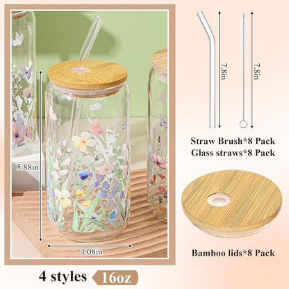 Mumufy 8 Pack Wildflower Glass Cups Gift Aesthetic Cute Glass Cup Tumbler - Image 2