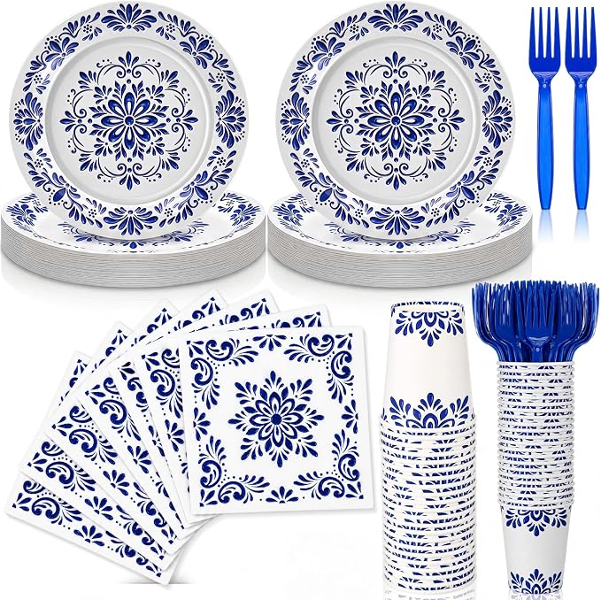 96 Pcs Cielito Lindo Party Supplies De Barro Mexican Talavera Blue Party Plates by Domensi