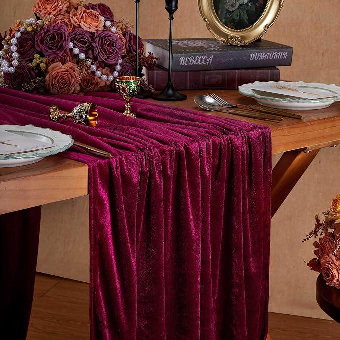Burgundy Velvet Table Runner 29x120 Inch Luxury Retro Christmas Runners | 5 - Image 5