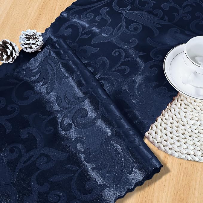 MILVOWOC 4 Pack Navy Blue Damask Table Runner, 12 x 72 Inch | Satin Jacquard - Image 4