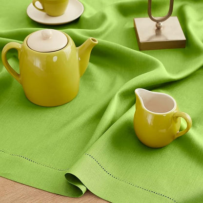 Solino Home Linen Tablecloth for Rectangle Tables 60 x 108 Inch - Classic Hemstitch 100% Pure Linen Lime Green Table Cloth - Machine Washable Cloth Tablecloth for Spring, St Patricks Day, Easter