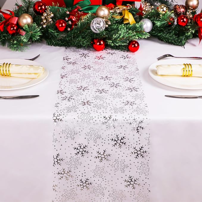 Snowkingdom Christmas Snowflake Silver Table Runner 11 Inch x 49 Feet Sparkly - Image 2