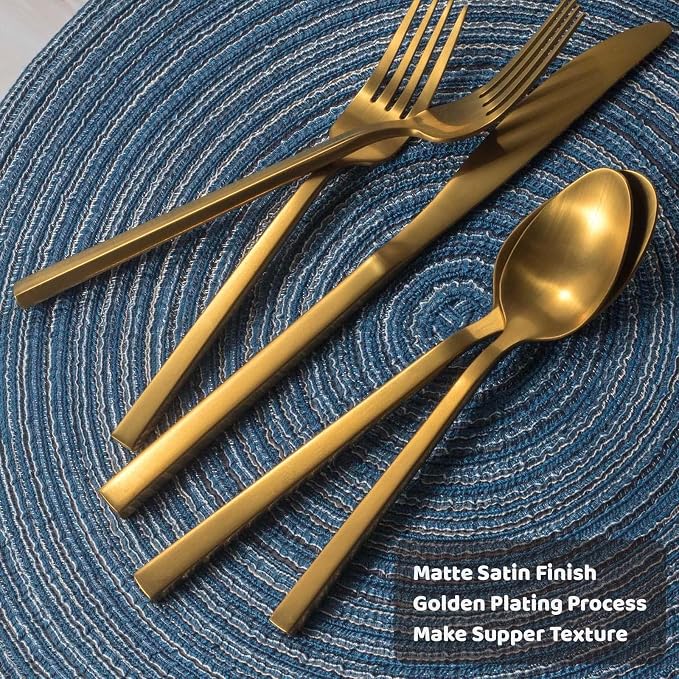 Alata Cube Gold 45-Piece Flatware Set, Forged Cutlery Set, Matte Gold - Image 3