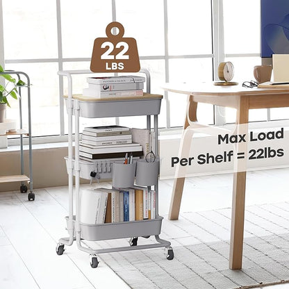 DTK 3 Tier Rolling Utility Cart with Cover Top Board, Movable Kitchen Storage Cart Trolley with Lockable Wheels, Cups, Hooks for Kitchen Bathroom Home Office Art Craft Storage and Organization(Grey)