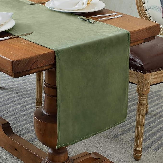 BALCONY & FALCON Table Runner Velvet Olive 14"x51" | Elegant, Fall Decor by BALCONYFALCON