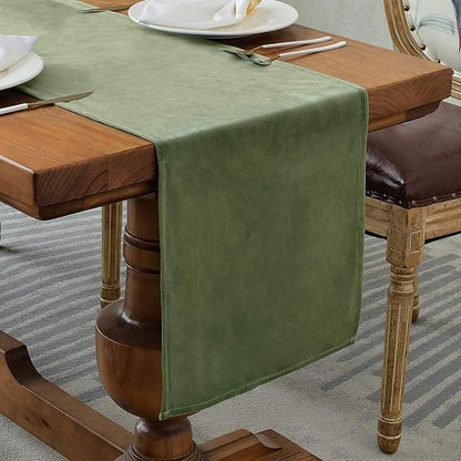 BALCONY & FALCON Table Runner Velvet Olive 14"x51" | Elegant, Fall Decor by BALCONYFALCON