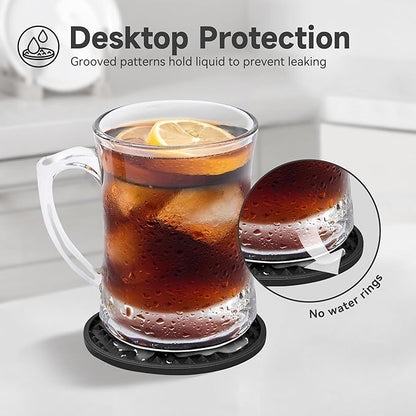 Coasters for Drinks, Silicone Coasters Set of 6 with Metal Holder, Outdoor Coaster for Coffee Table, Non-Slip Rubber Table Cup Mat Desk, Heat Resistant & Scratch-Proof (Black)