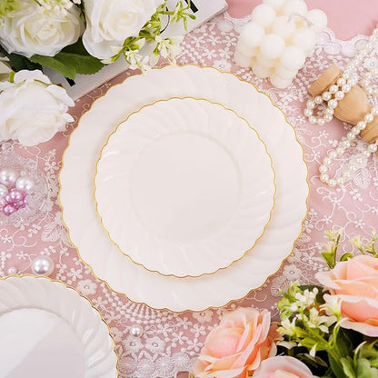 U-QE 100 Piece Ivory Scalloped Plastic Plates for Party with Gold Rim - Plastic Party Plates Disposable Heavy Duty - High End Disposable Plates Include 50pcs Dinner Plates 9"&50pcs Dessert Plates 6.5"