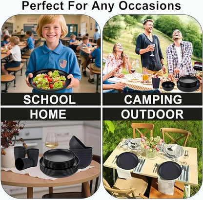 supernal 24pcs Wheat Straw Dinnerware,Unbreakable Dinner Plates Set,Microwave Dishwasher Safe,Black Reusable Plates for Picnic,Birthday,Camping