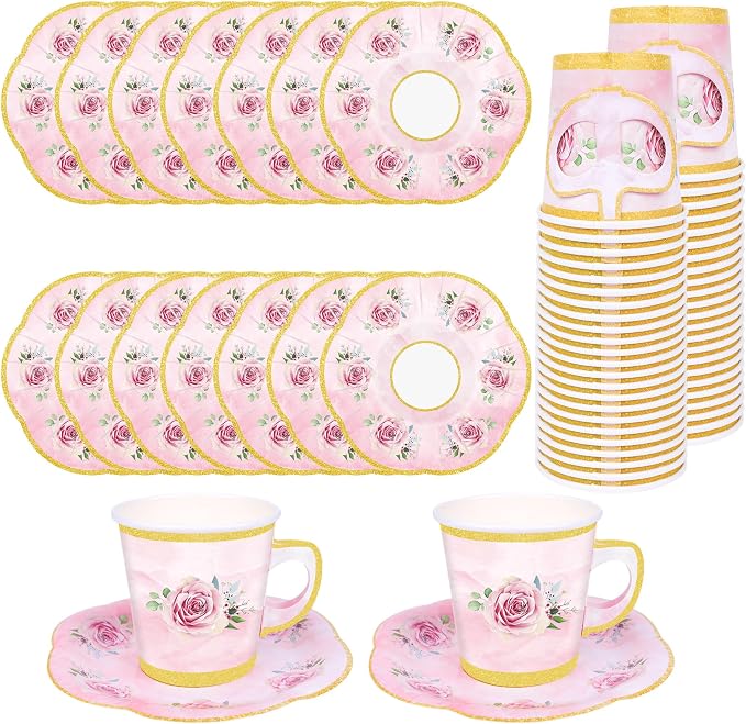 100 Pcs Paper Tea Cups and Plates Pink Floral Disposable Paper Teacups and by peonyman