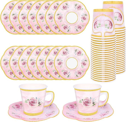 100 Pcs Paper Tea Cups and Plates Pink Floral Disposable Paper Teacups and by peonyman