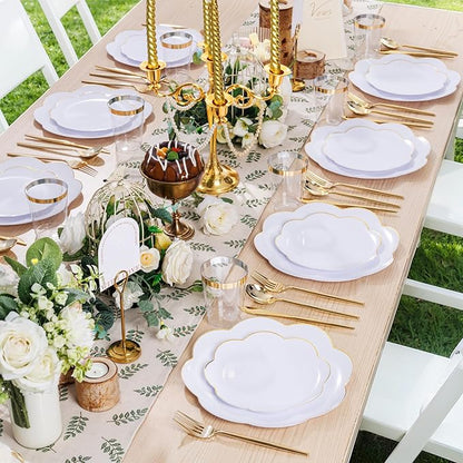 EI 180pcs White Plastic Plates with Gold Plastic Silverware,Heavy-Duty Disposable Plates for Party,White Dinnerware Set for 30 Guest Wedding,Birthday,Spring Afternoon Tea