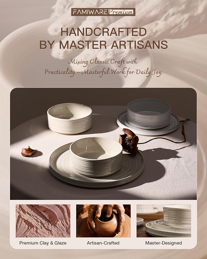 Stoneware Dinnerware Sets for 6, Reactive Glaze Plates & Bowls, Shell Beige | - Image 6