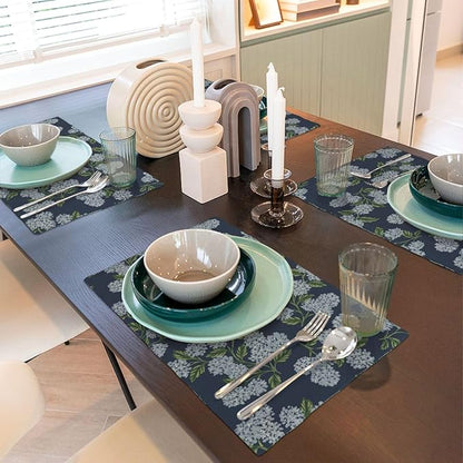 Navy Blue Placemats Set of 4 Blue Green Hydrangea Flower Decor Place Mats 12x18 Inch Vintage Floral Spring Summer Seasonal Decorative Linen Table Mats for Kitchen Dining Party Table Decoration