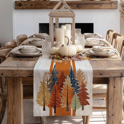 Fall Watercolor Trees & Maple Leaves Striped Table Runner 13x90 Inch, Rustic - Image 6