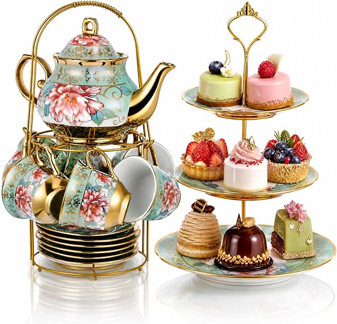 21 Pcs Porcelain Tea Set for Women Tea Party by Maxcheck