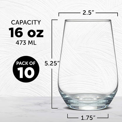 DISCOUNT PROMOS 10 Vaso Silicia Stemless Wine Glasses Set, 16 oz. - Clear, Orb-Like, Thick base - Clear