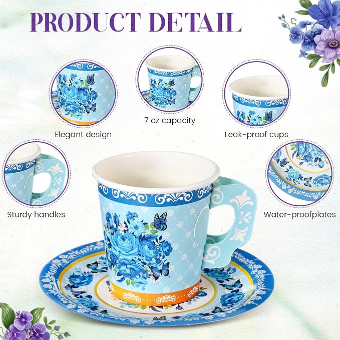 Nuogo 300 Pcs Floral Paper Tea Cups and Saucers 7 OZ Disposable Cups - Image 2