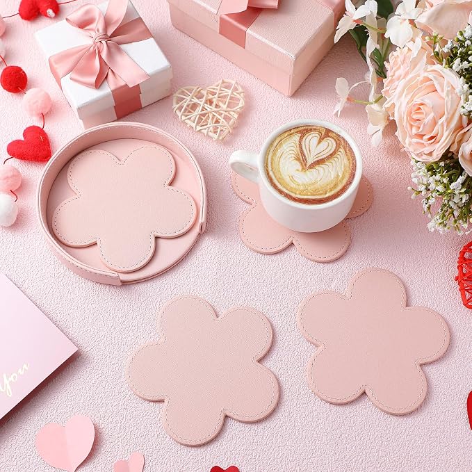 Nuanchu 4 Pcs PU Leather Flower Coasters - Image 2