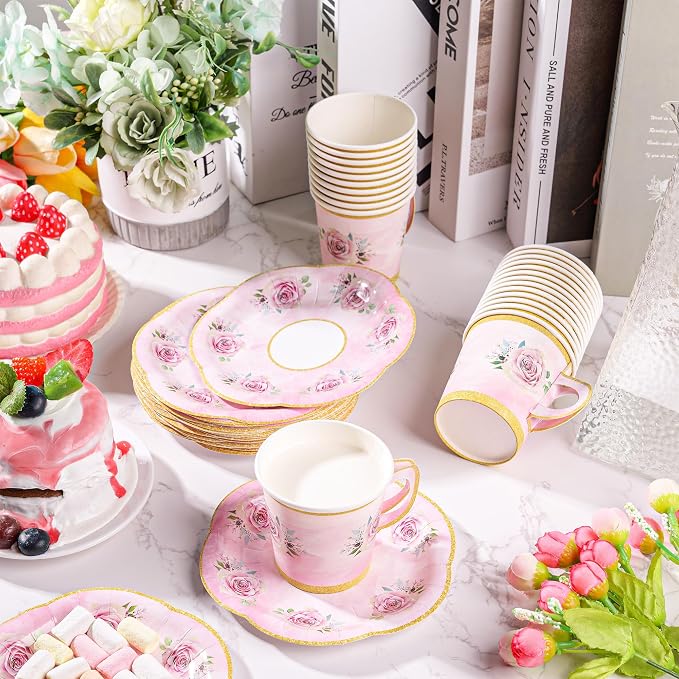 50 Pcs Paper Tea Cups and Plates Pink Floral Disposable Paper Teacups and - Image 6