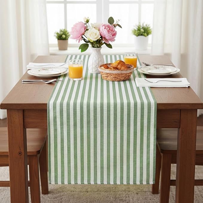 6 Pcs Green and White Stripe Table Runner 13 x 72 Inch | Linen Kitchen Dining - Image 4