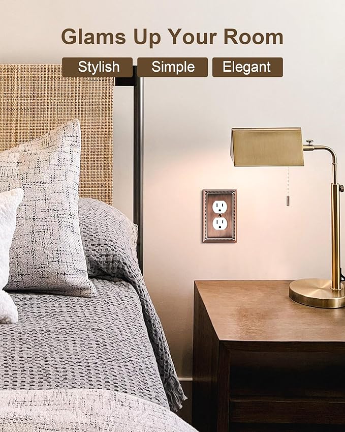 4-Pack Duplex Outlet Cover Plate, Antique Copper Metal Wall Plates for Electrical Outlets, 1 Gang Receptacle Cover, Pearls Decorative Switch Plates and Outlet Covers