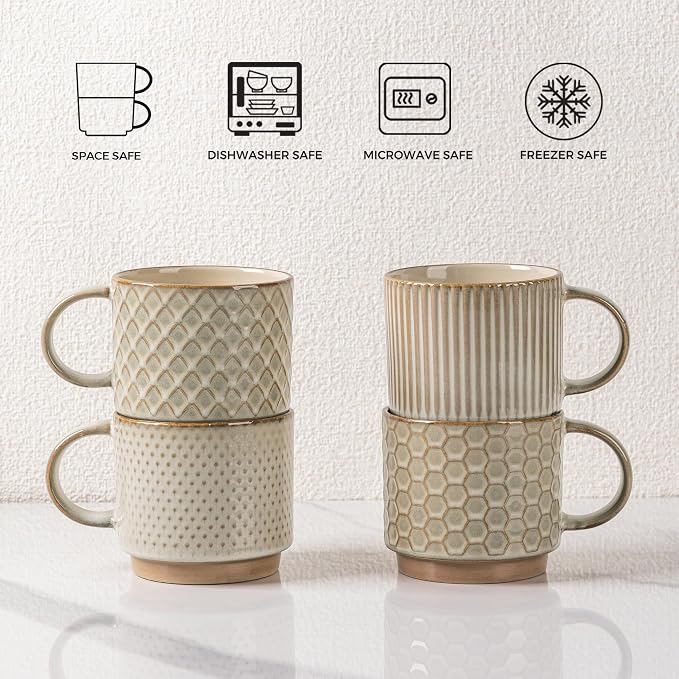 GBhome 8 OZ Stackable Coffee Mugs Set of 4, Ceramic Coffee Cups Set | 4 - Image 7