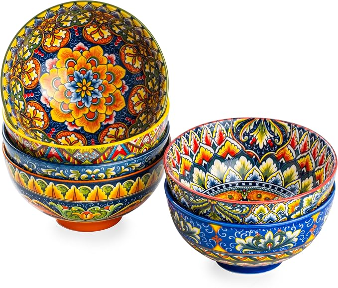 Henten Home Ceramic Soup Bowls Set of 6, Bohemia 22 oz Cereal Bowls Set by HentenHome