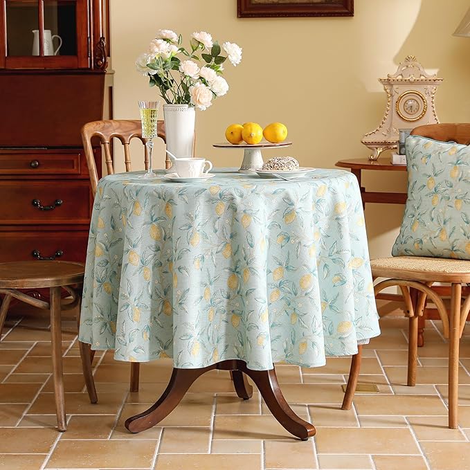 patdrea Designer Green Round Tablecloth,Vintage Linen Yellow Fruits Pattern Durable Table Cloth,Decor Table Cover Cloth for Kitchen Dining Christmas,Thanksgiving,Tea Party,Diameter 67"-Ania a