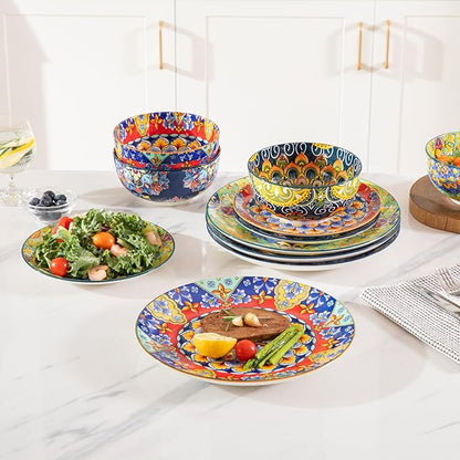 Sweejar Ceramic Dinnerware Sets for 4,12 Pieces Boho Plates and Bowls for Kitchen,Housewaring Gift,Bohemian Style Dish Set,Dishwasher and Microwave Safe(Colorful)