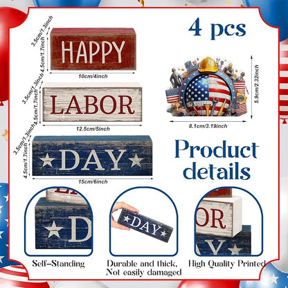 Moucuny 4 Pcs Labor Day Table Decoration Patriotic Worker Wooden Stacked Block - Image 2