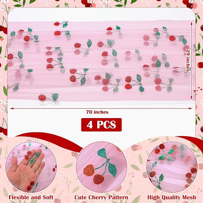 4 Pcs Cherry Table Runner 29 x 70 inch Pink Glitter Tulle Lace Cloth Rectangle - Image 2