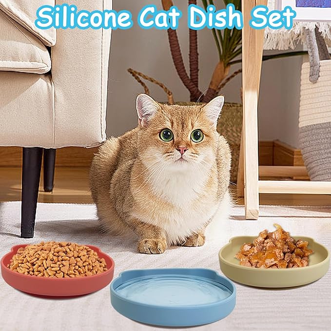 Silicone Cat Food Bowl Suction Cup Cat Dish 7" Shallow Cats Food & Water Bowls Set of 2 Non-Slip Kitty Plates Relief Whisker Fatigue Puppy Feeding Bowl for Dry & Wet Food (Red)