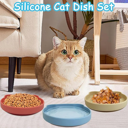 Silicone Cat Food Bowl Suction Cup Cat Dish 7" Shallow Cats Food & Water Bowls Set of 2 Non-Slip Kitty Plates Relief Whisker Fatigue Puppy Feeding Bowl for Dry & Wet Food (Red)