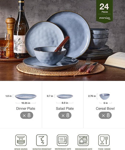 Famiware Dinnerware Sets for 8, Ocean Round 24-Piece Kitchen Plates and Bowls Sets, Reactive Glaze, Microwave and Dishwasher Safe, Scratch Resistant, Blue