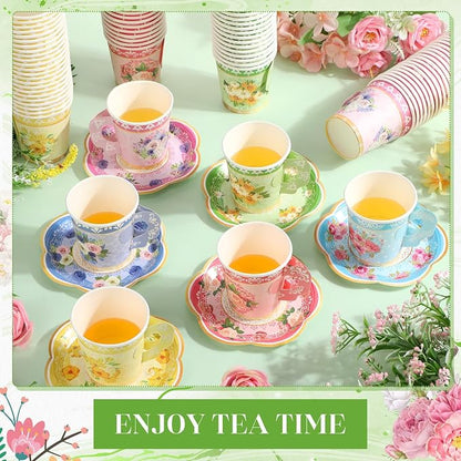 Nuogo 300 Pcs Floral Paper Tea Cups and Saucers 7 OZ Disposable Cups - Image 5