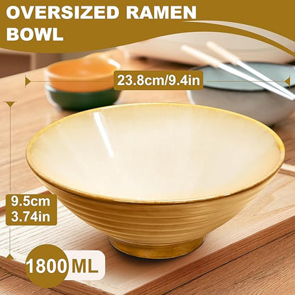 9.4-Inch 4 Sets Ceramic Ramen Bowl (16 Piece) - Japanese Porcelain Dishwasher Microwave Safe Salad Noodles Cereal Pasta Soup Large Bowls with Chopsticks Forks Spoons for Men Women Housewarming Gift