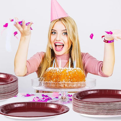 50Pcs Burgundy Oval Paper Plates 10" x 12" Heavy Duty Maroon Wine Dark Red Party Disposable Plates Valentines Day Dessert Platter for Anniversaries Wedding Birthday Holiday Party Supplies Decoration