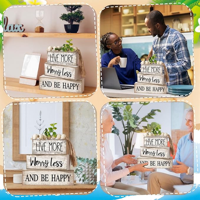 Moucuny 4 Pcs Inspirational Farmhouse Table Decor Rustic Stacked Wooden Block - Image 4