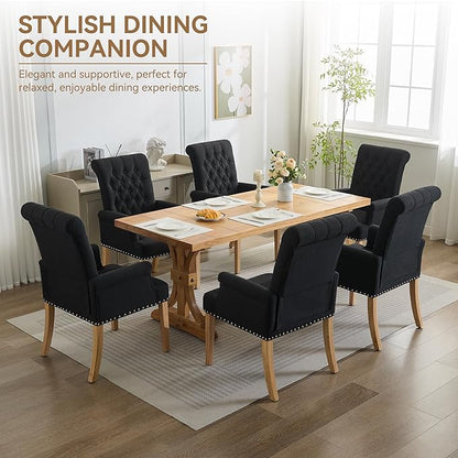 Fabric Dining Chair with Arms, Upholstered Tufted High Back Dining Room Chairs, Accent Armchair with Solid Wood Leg and Nailhead Trim, Kitchen Dining Living Room, Black