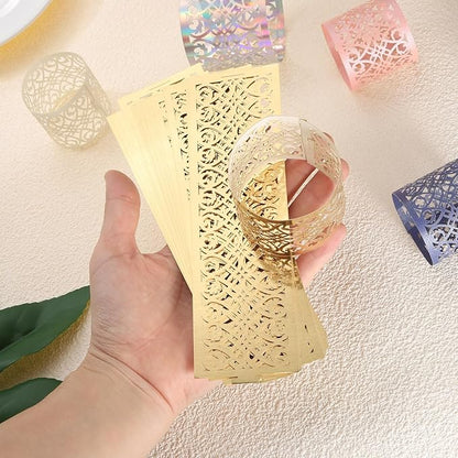 uxcell 100Pcs Napkin Rings Laser Cut Foil Paper, Napkin Holder Hollow Napkin Bands for Weddings Party Serviette Table Decoration Restaurant (White, 5.3 x 1.6)